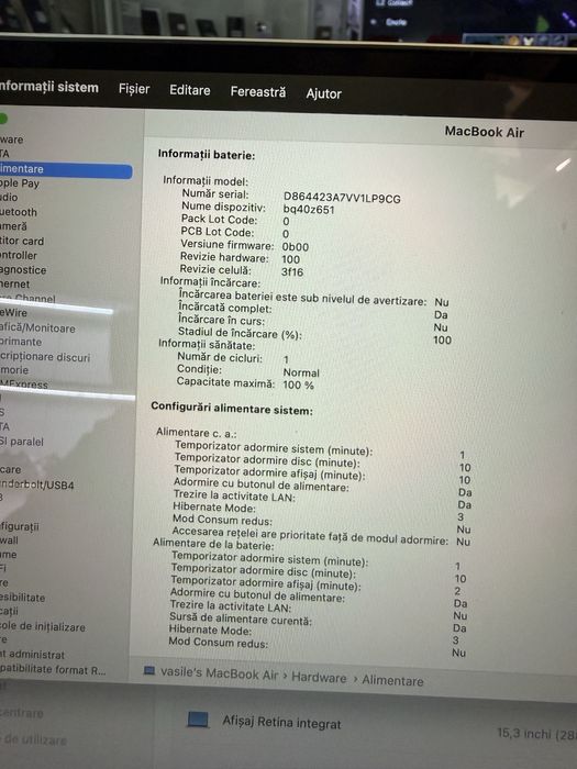 MacBook Air 15 M3, 16GB/512GB, impecabil ca nou, 1 ciclu încărcare