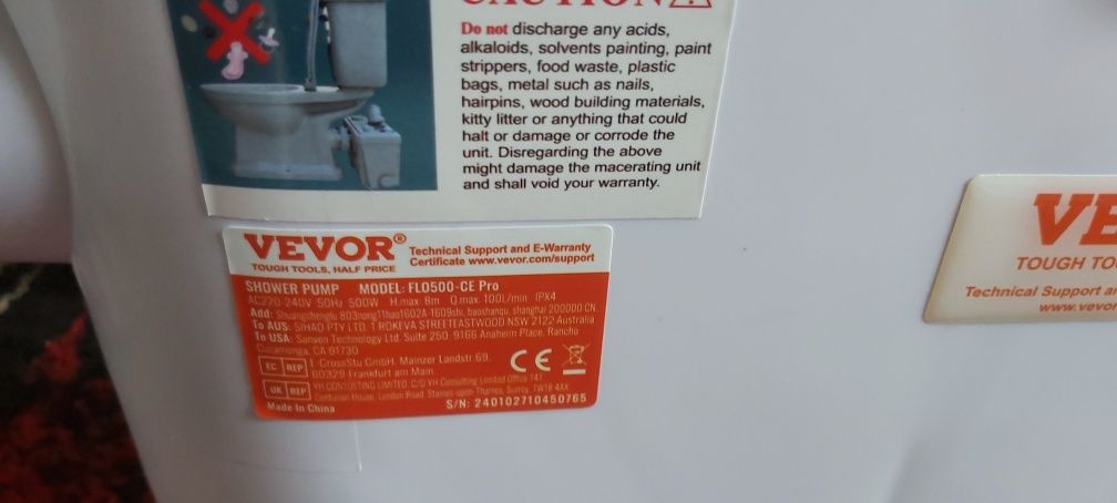 Pompa pentru Apa Uzata cu Macerator/Tocator, 500W, 230V/50Hz, Debit MA