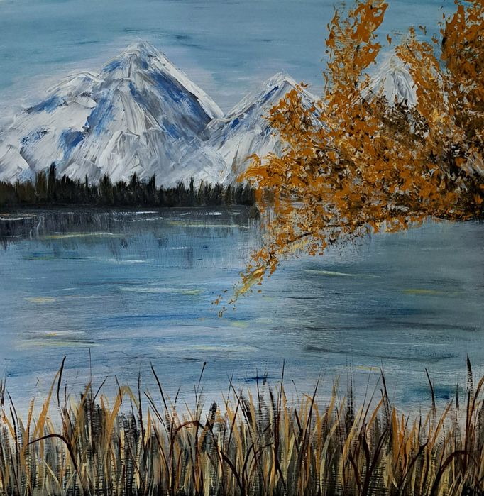 Картина осень вода горы деревья