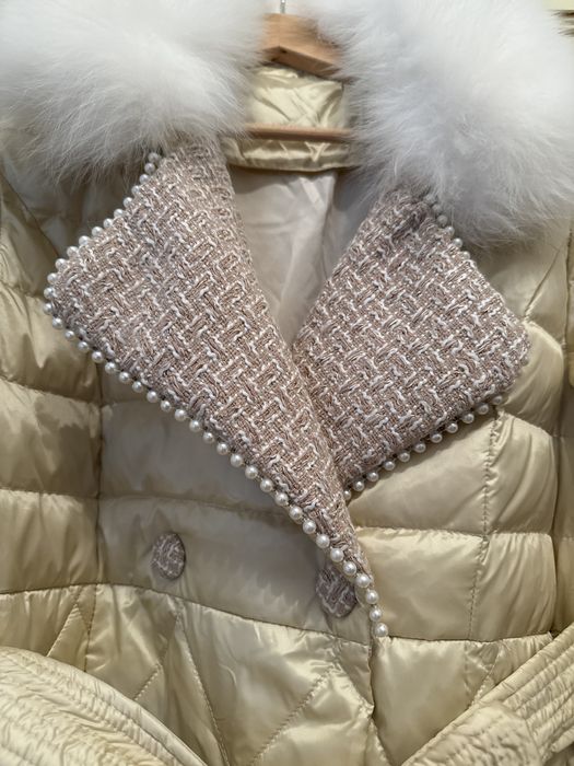 Palton puf gasca si guler blana vulpe S NOU