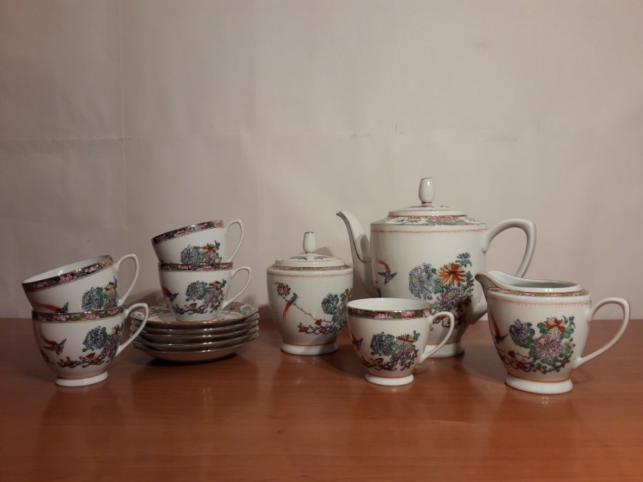 Set Ceai/Cafea Portelan Asiatic Pictat cu Crizanteme si pasari Phoenix