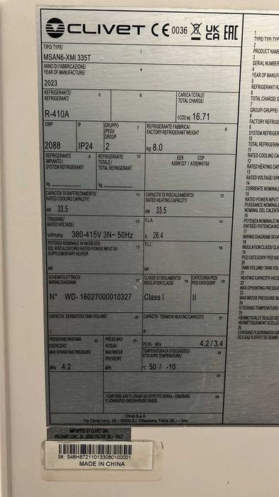 Pompa de caldura, Clivet, monobloc,  MSAN6-XMI 335T, fabricat în 2023.