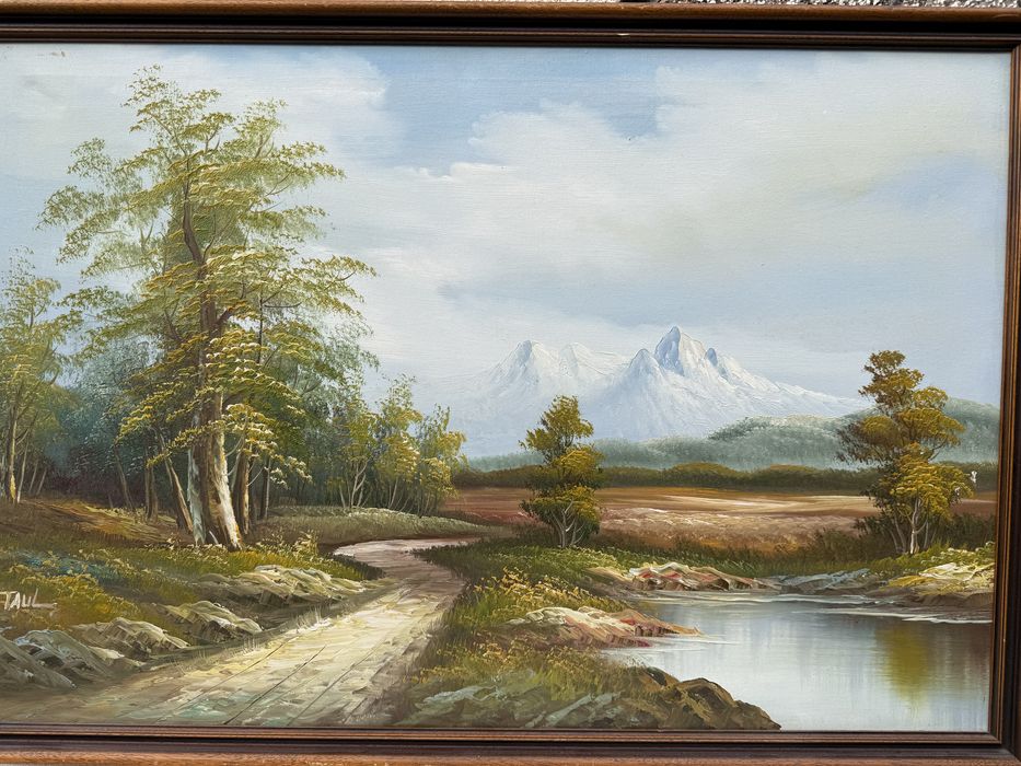 Масивна карина с маслени бои, Пейзаж с река и планини