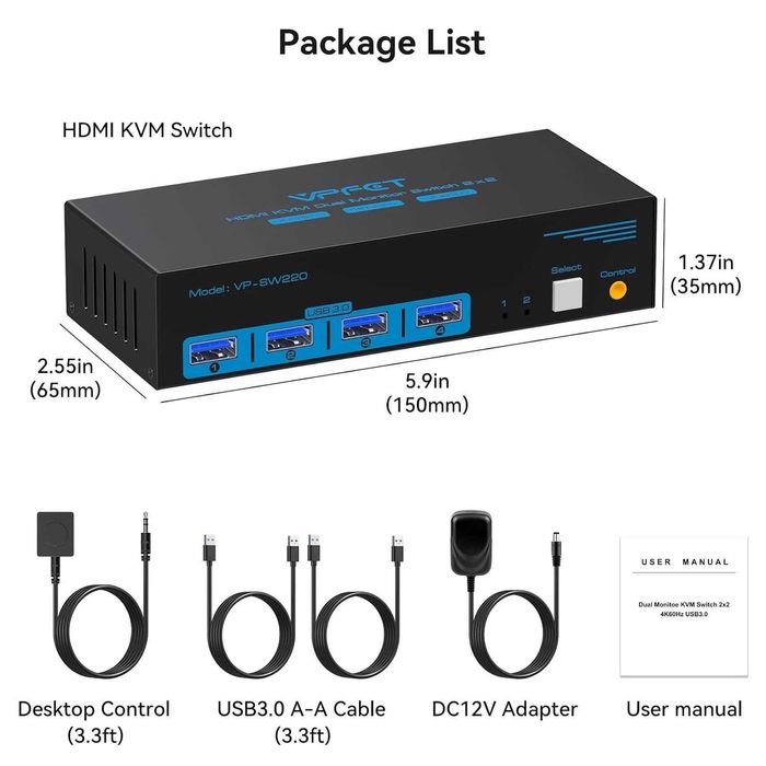 Comutator Switch KVM HDMI VPFET 2 monitoare,2 computere,4K60Hz,USB 3.0