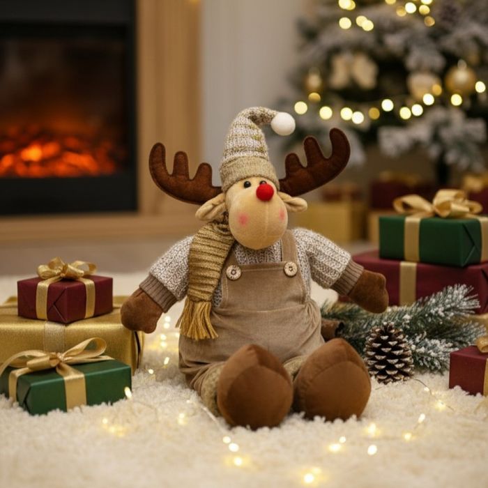 Плюшено еленче със зимни дрехи и червено носле