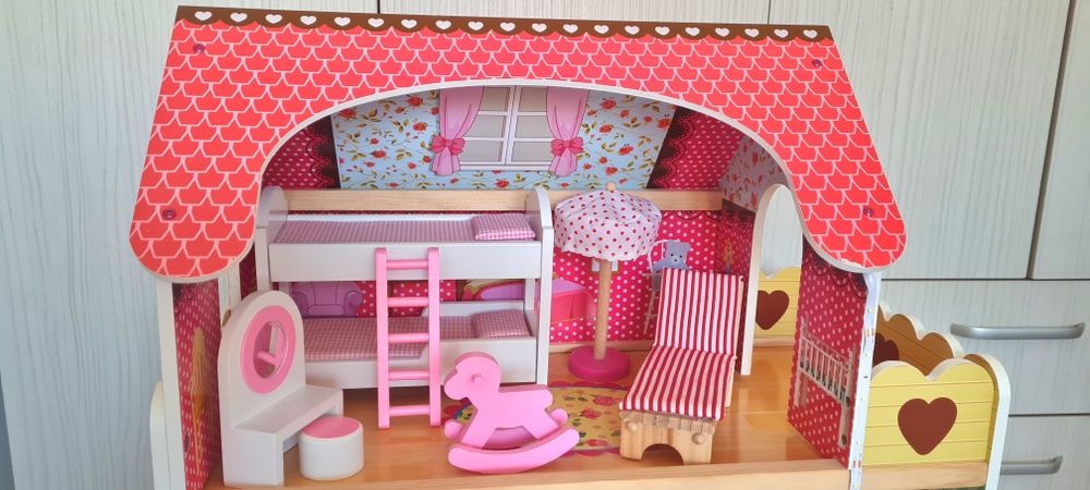 Casă de papuși din lemn cu led 90×60×30 cm