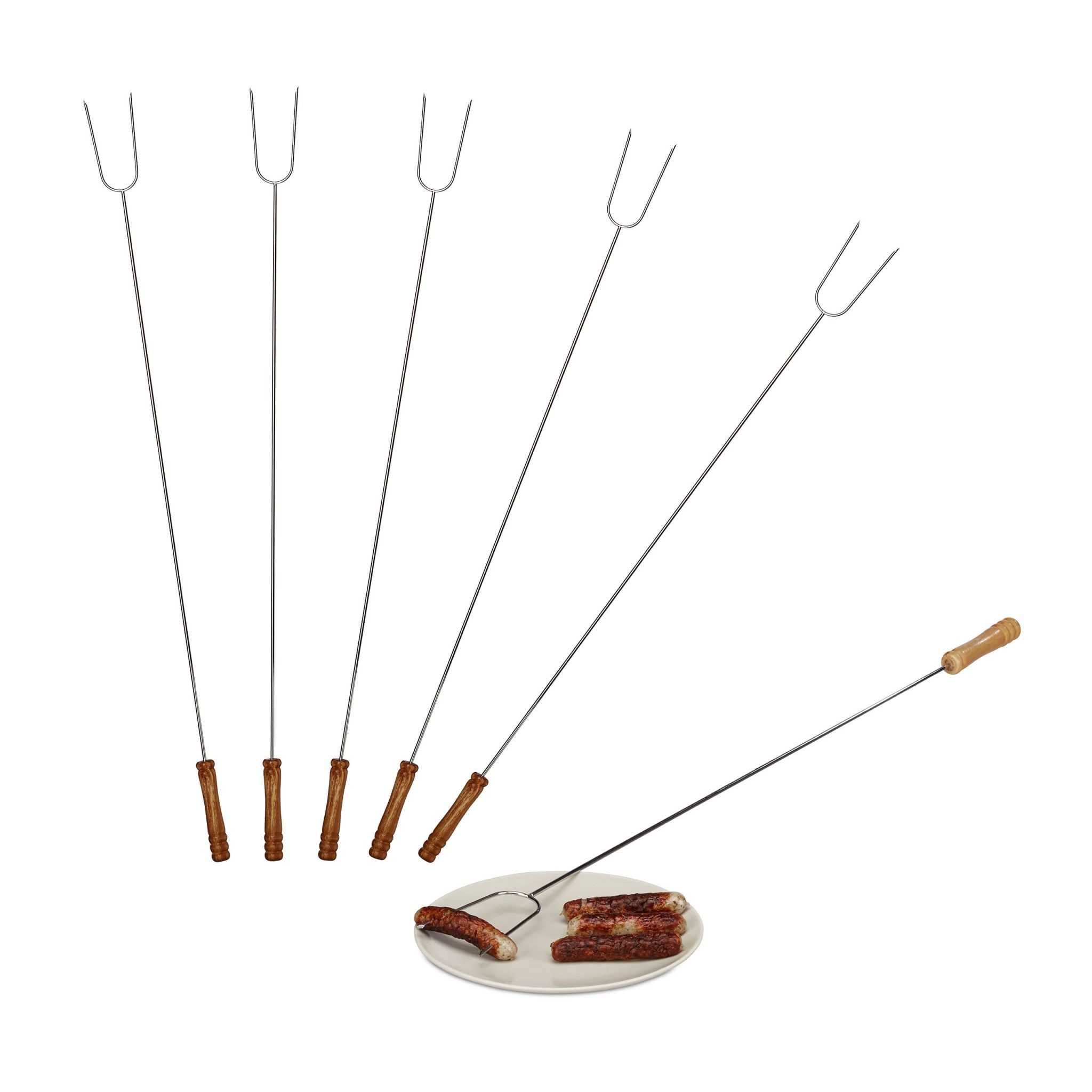 Set 6 Frigarui Grill inox maner lemn pentru prajit carne slanina 80 cm