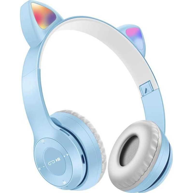 Casti Wireless Copii Fluffy, Urechi Pisica, HandsFree, LED, Albastru