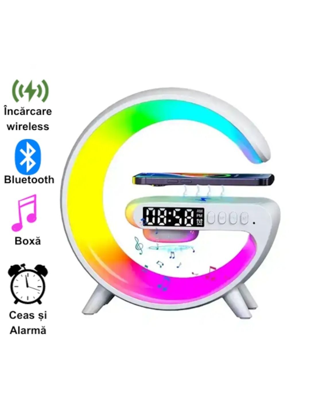 Încărcător wireless/Boxă Bluetooth/Ceas Alarmă/Lampă/LED interactiv