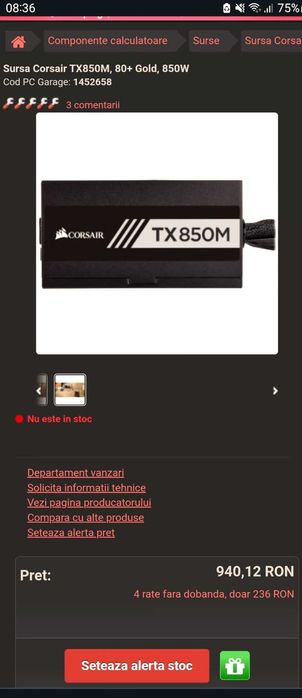 Sursa  850w Corsair TX850M, 80+ Gold, modulara, la cutie