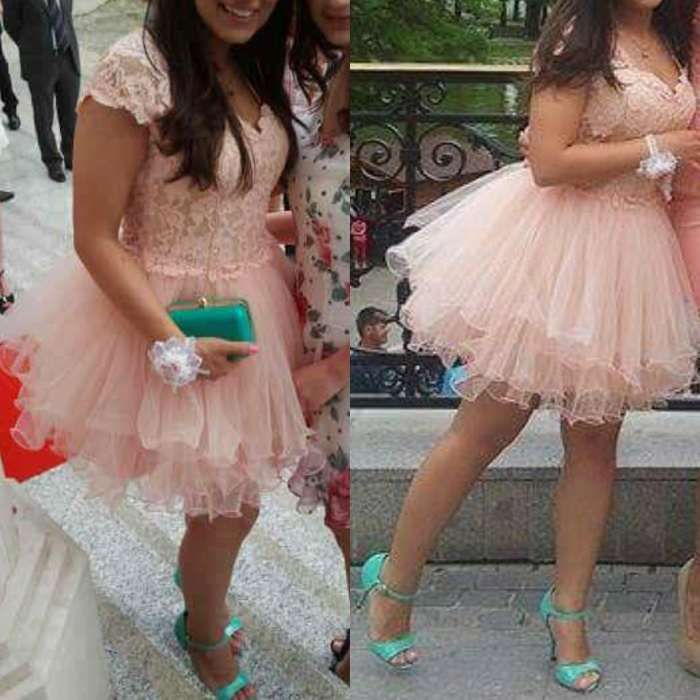 Rochie, roz pal, tulle, dantelă