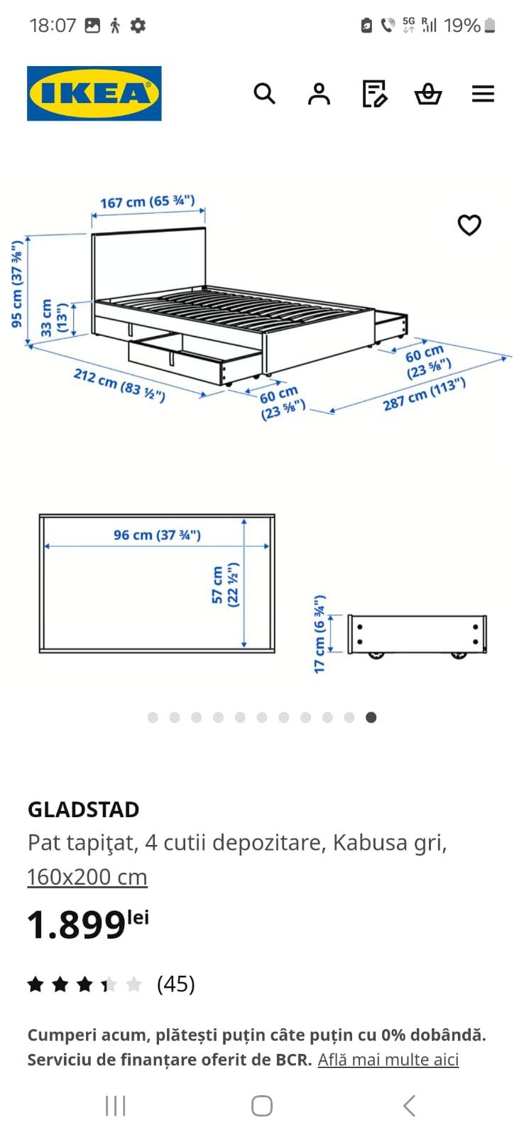 Pat tapițat, 4 cutii depozitare, Kabusa gri 160x200 cm