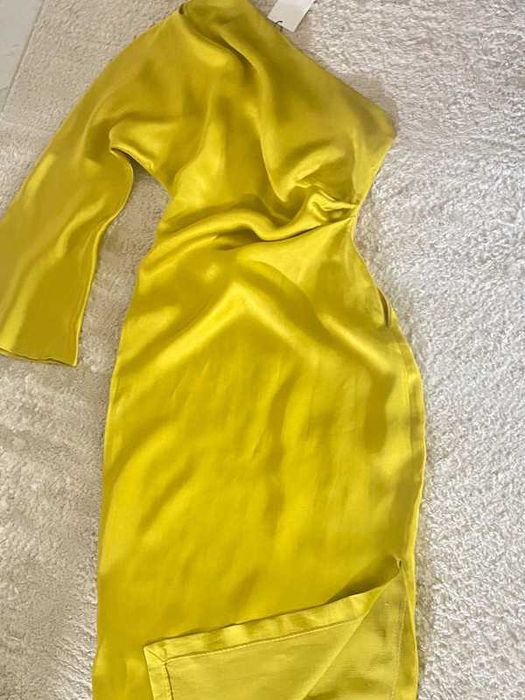 Zara rochie eleganta in/vascoza satinat one shoulder lime verde fistic