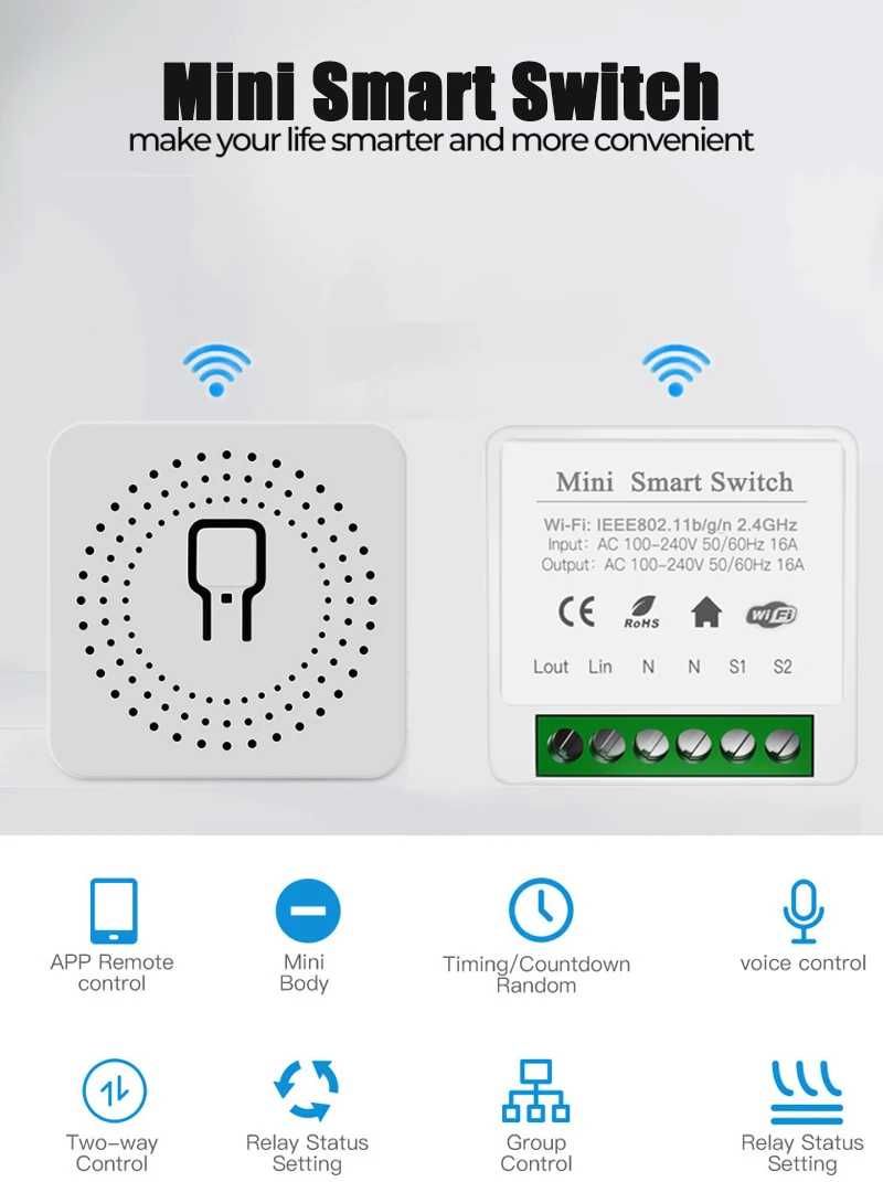 Миниатюрен Wi-Fi превключвател Aubess. 220V, 16A. Българско упътване
