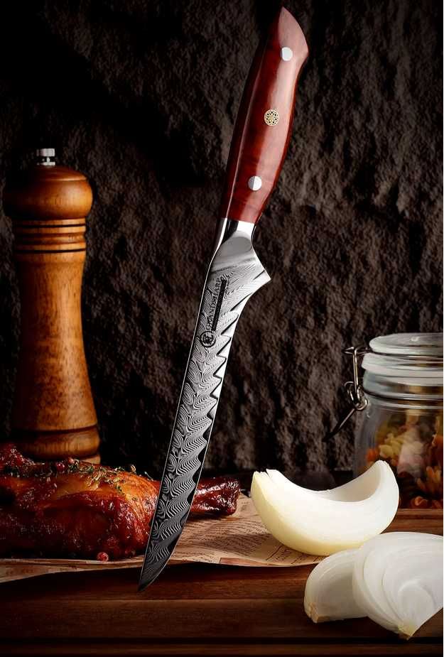Cutit traditional japonez tip boning, otel Damasc, teaca piele