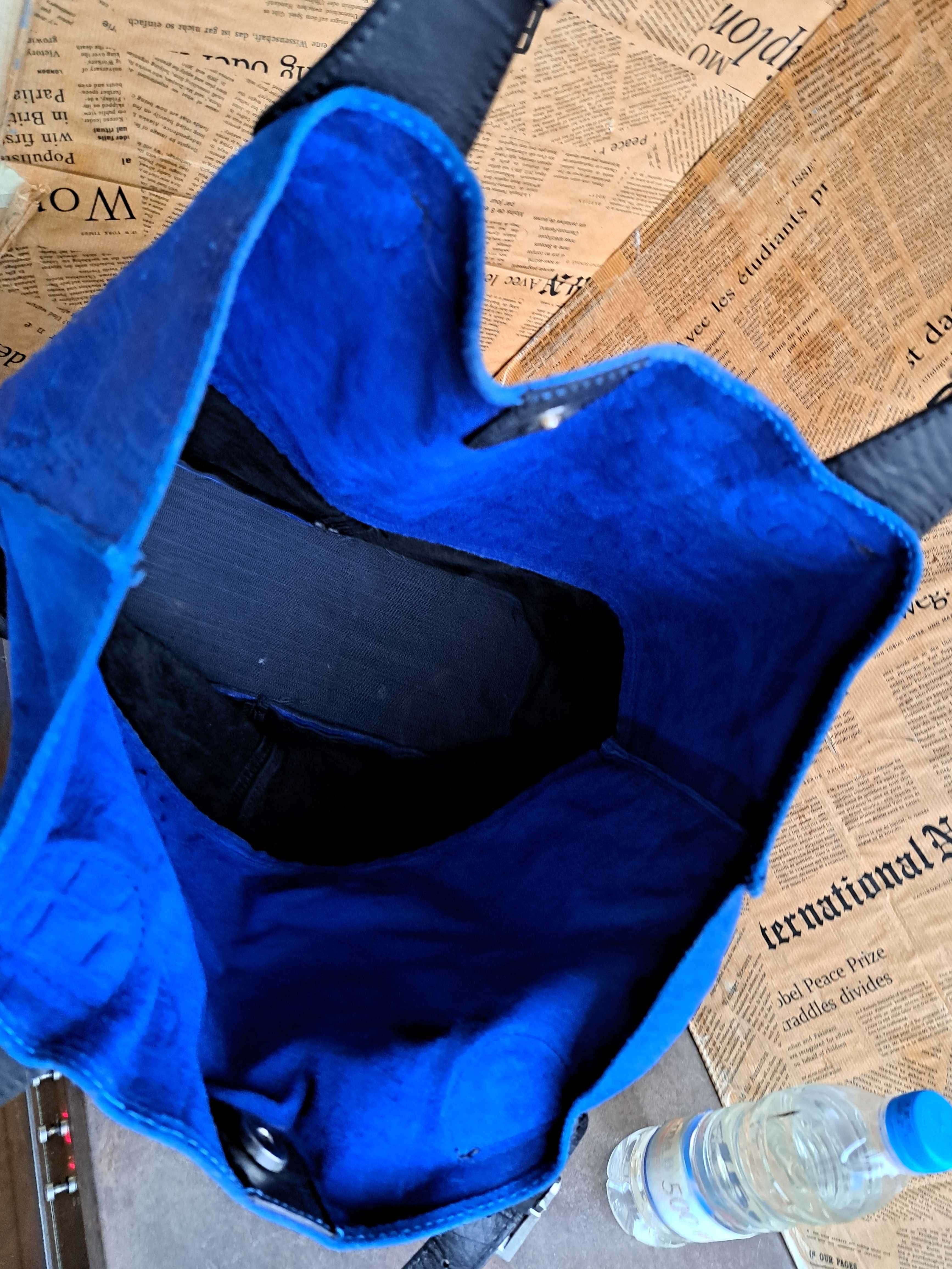 турско синя чанта,торба-естествен велур и кожа