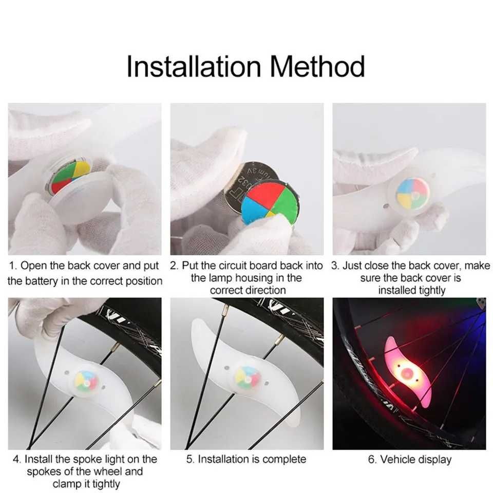 Set 2 lumini LED pentru spițe bicicletă. Baterii incluse. 4 moduri.