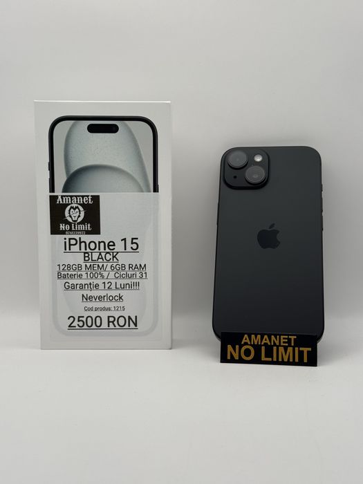 iPhone 15 128GB Baterie 100% Garantie 1AN Folie Cadou,AMANET NO LIMIT.