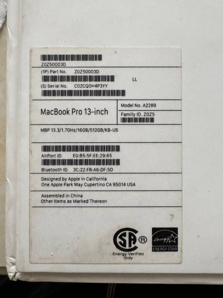 Macbook pro 13-inch 16 gb 512 gb