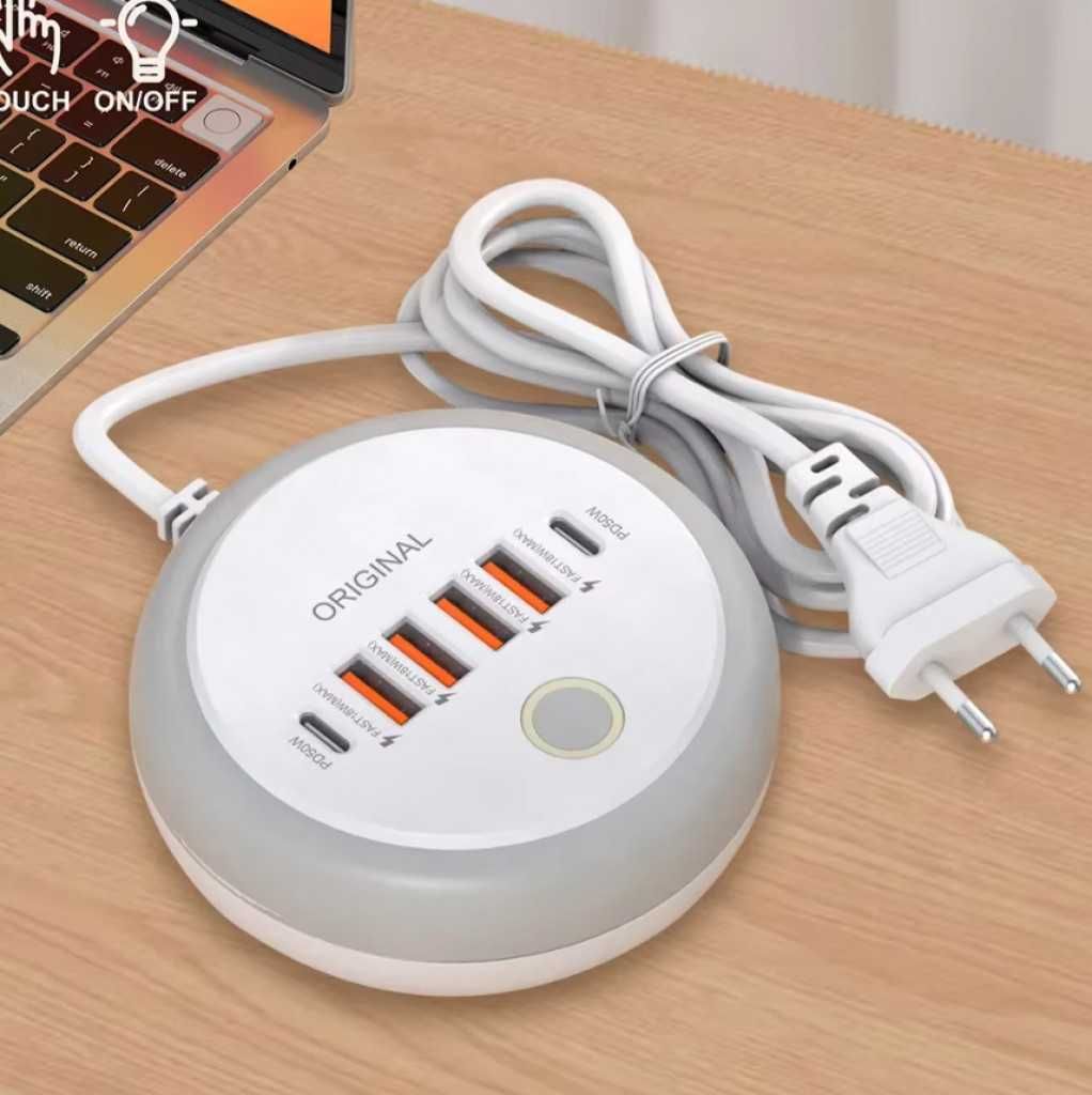 Многофункционално зарядно устройство с 4 USB порта и 2 Type-C