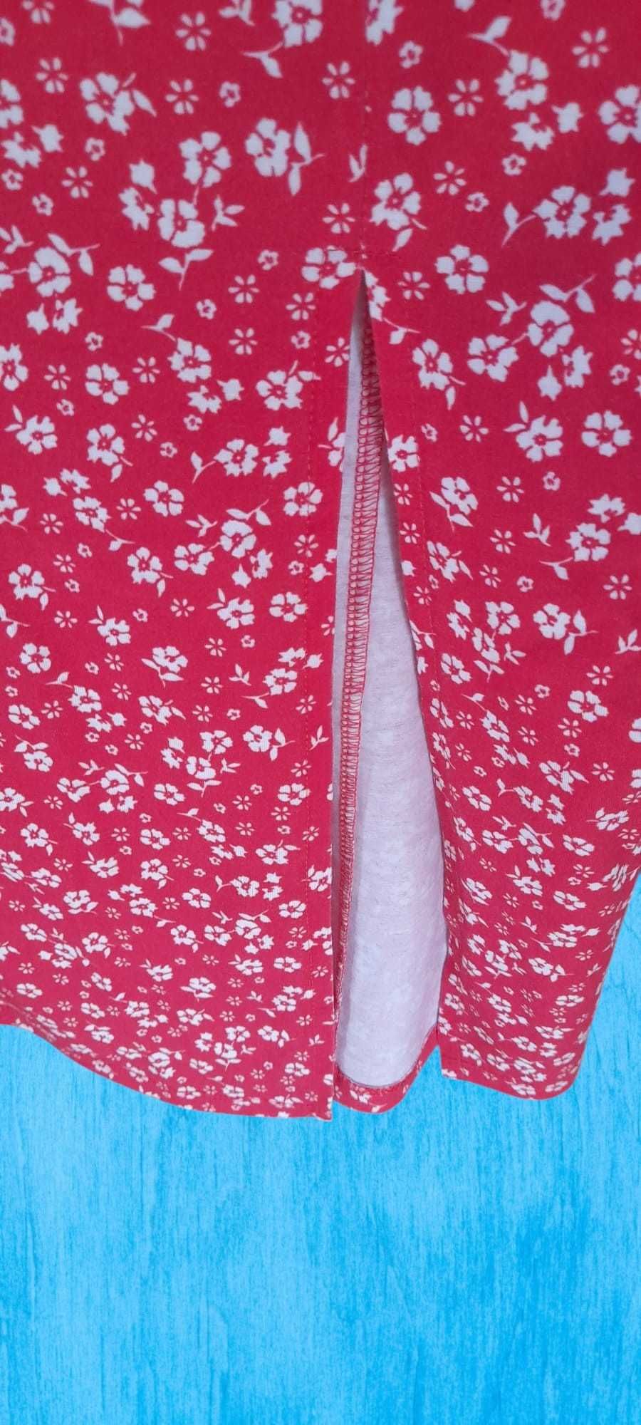 Rochie rosie primavara-vara, mulata cu flori mici albe si bretele