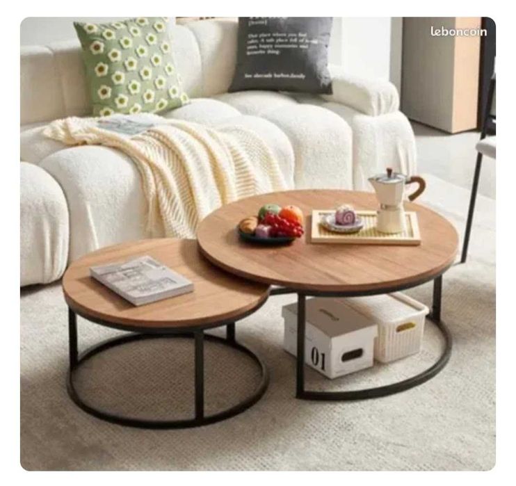 Set 2 masute de cafea,cadru metalic,blat din lemn,culoare maro vintage