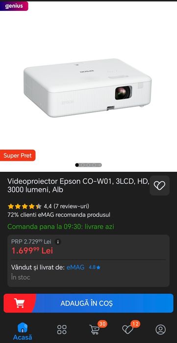 Videoproiector Epson CO-W01, 3LCD, HD, 3000 lumeni, Alb