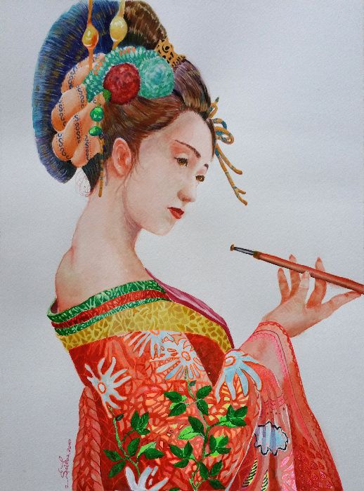 Acuarela gheisa japoneza, semnata - tablouri tablou picturi pictura