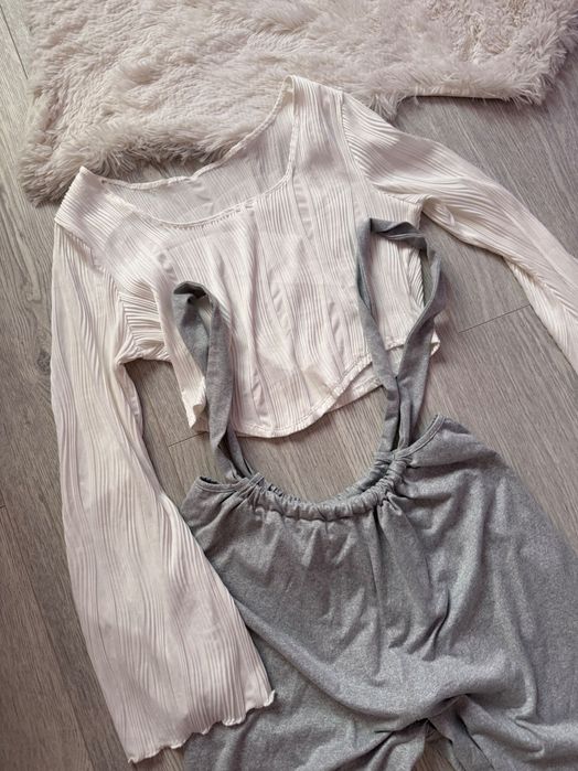 Сет с гащеризон и бяла блуза с широки ръкави