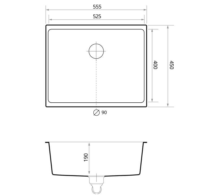 Черна Гранитна Мивка за Вграждане под Плот Лондон 60 - 555 x 450 mm