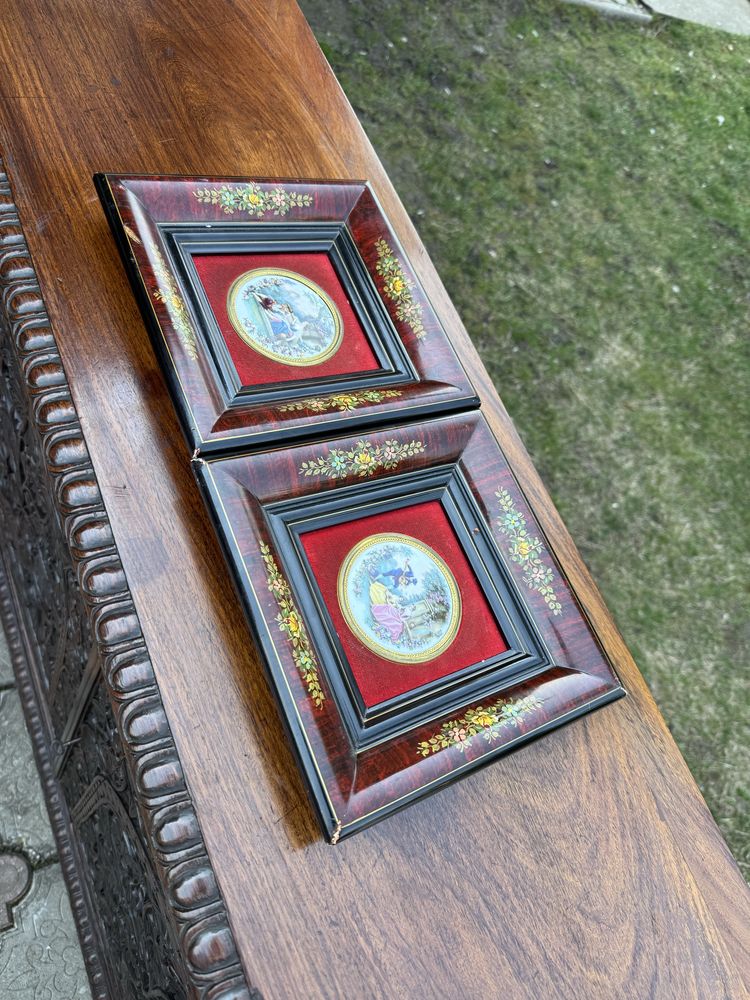Set 2 tablouri vintage, cu miniaturi pictate pe portelan