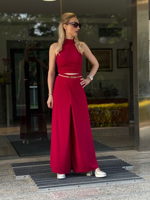 Дамски червен костюм с пола-панталон XS-XL