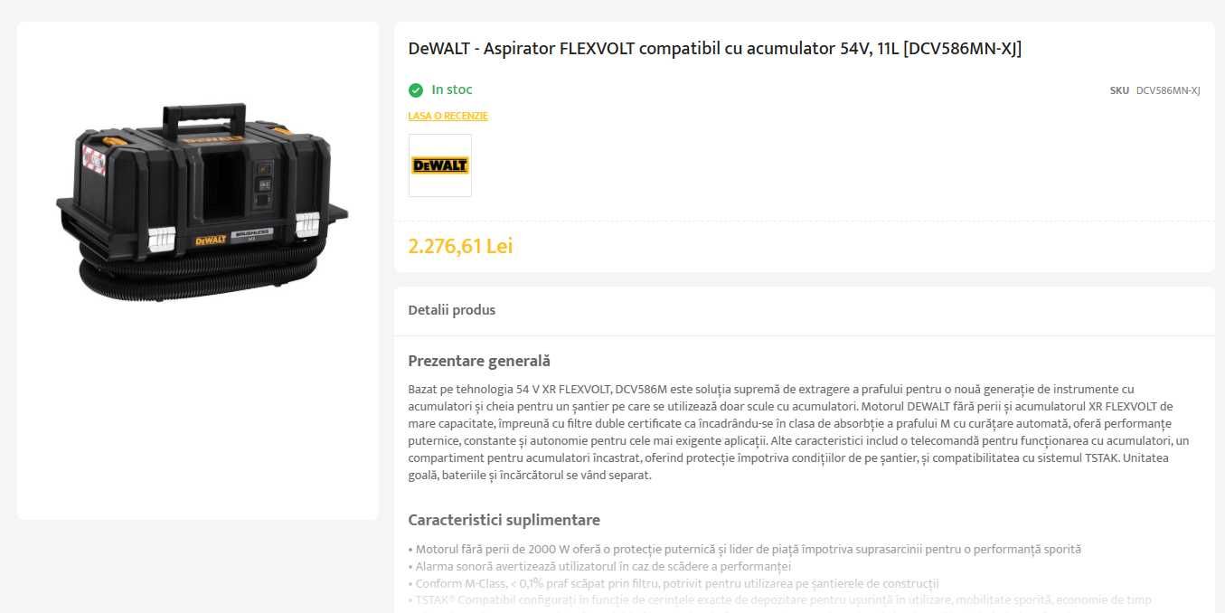 Dewalt aspirator industrial pe acumulator de 54V-DCV586M