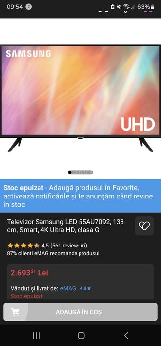Vand tv samsung smart 4k 55AU7092, diagonala 139 cm