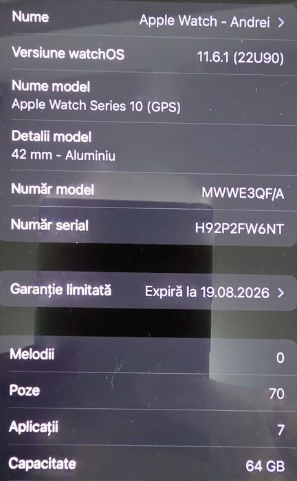 Apple watch 10, 42mm, jet black, GPS, garanție oficiala 08.26, ca nou