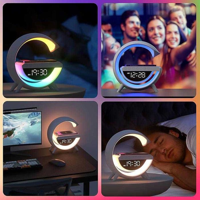 Лампа с безжично зарядно за телефон, аларма и Bluetooth LED колонка