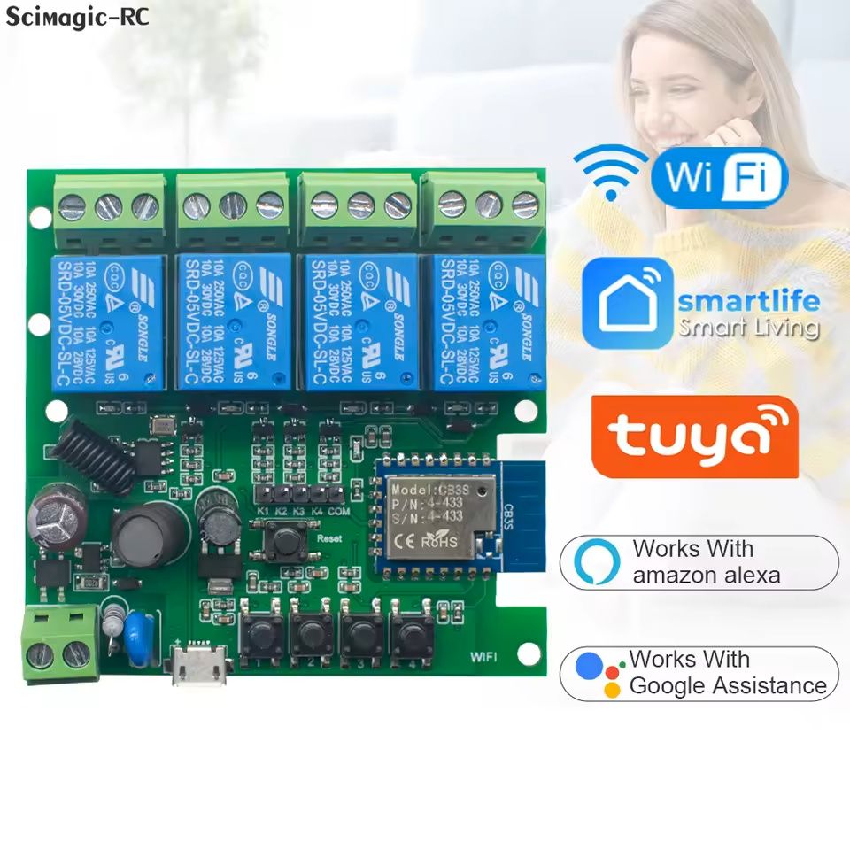 Tuya Smart WiFi+RF433MHz 85-250V реле 4-канала Alexa/Google Assistant