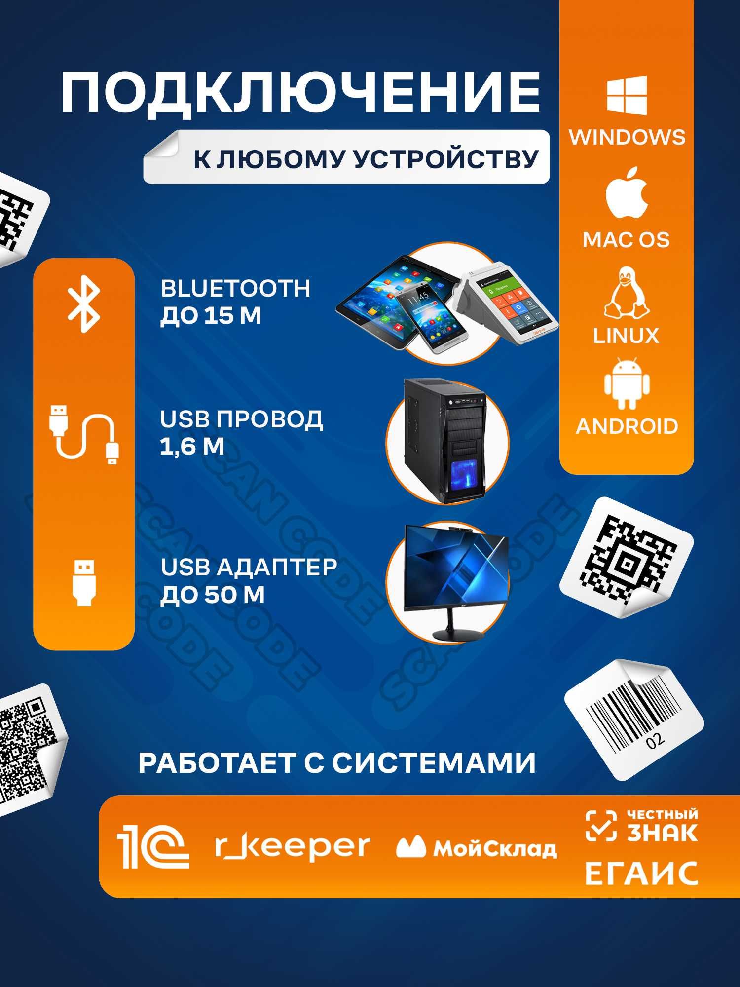 Сканер штрихкодов беспроводной 2D с Bluetooth
