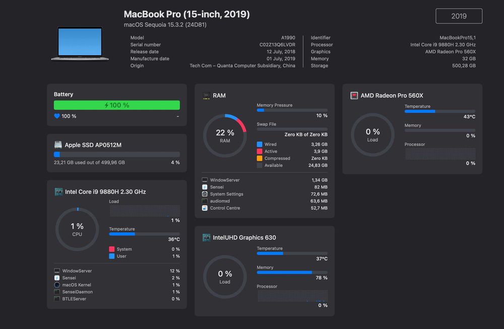 MacBook Pro Retina i9/32GB Ram/512 SSD/ RadeonPro 560X 4GB A1990 2019