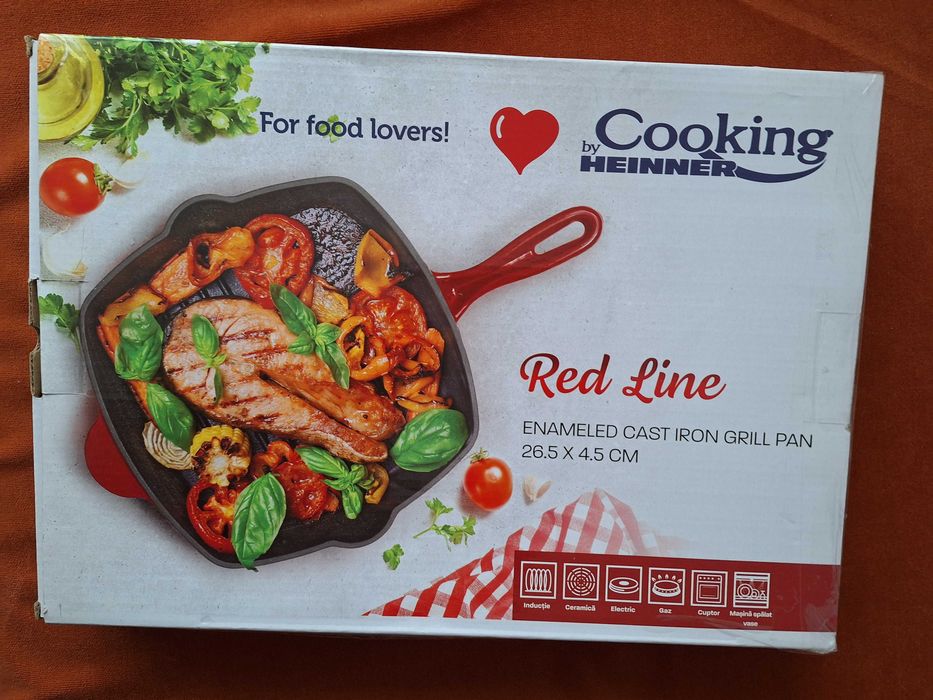 Tigaie grill fonta emailata, rosie, 27x27 cm, Cooking by Heinner Red