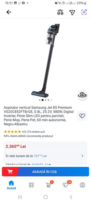 Aspirator vertical Samsung Jet 85 Premium VS20C852FTB/GE, 0.8L, 25.2V,