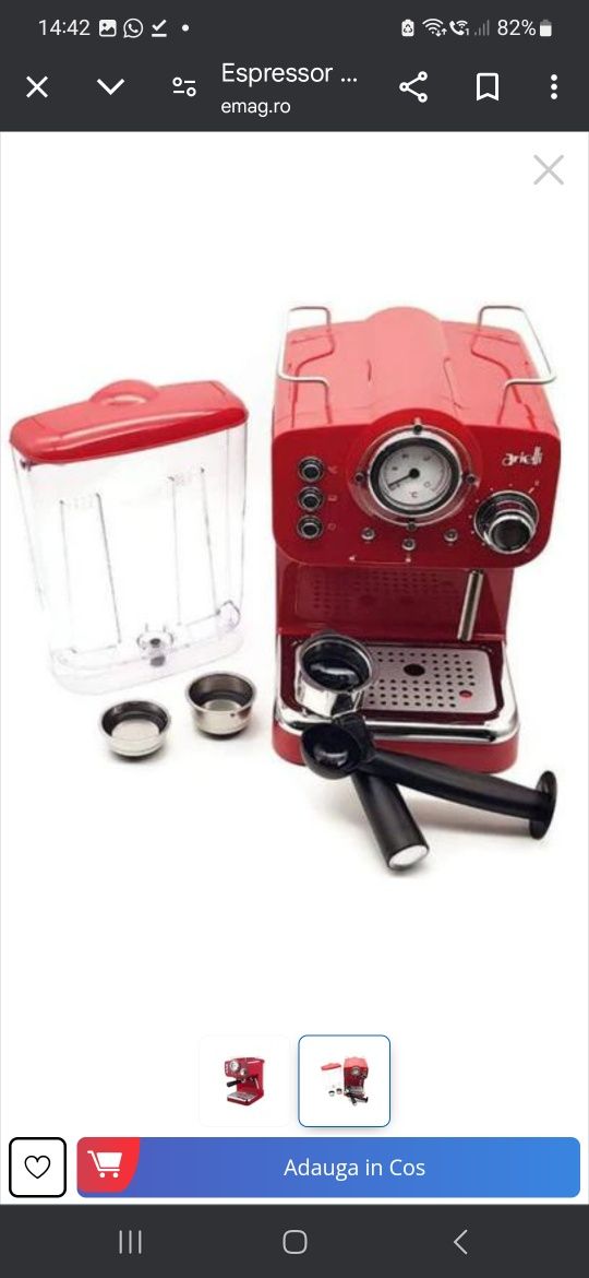 Espressor manual, 1.25l, 1100W, 15 bar, rosu-agint