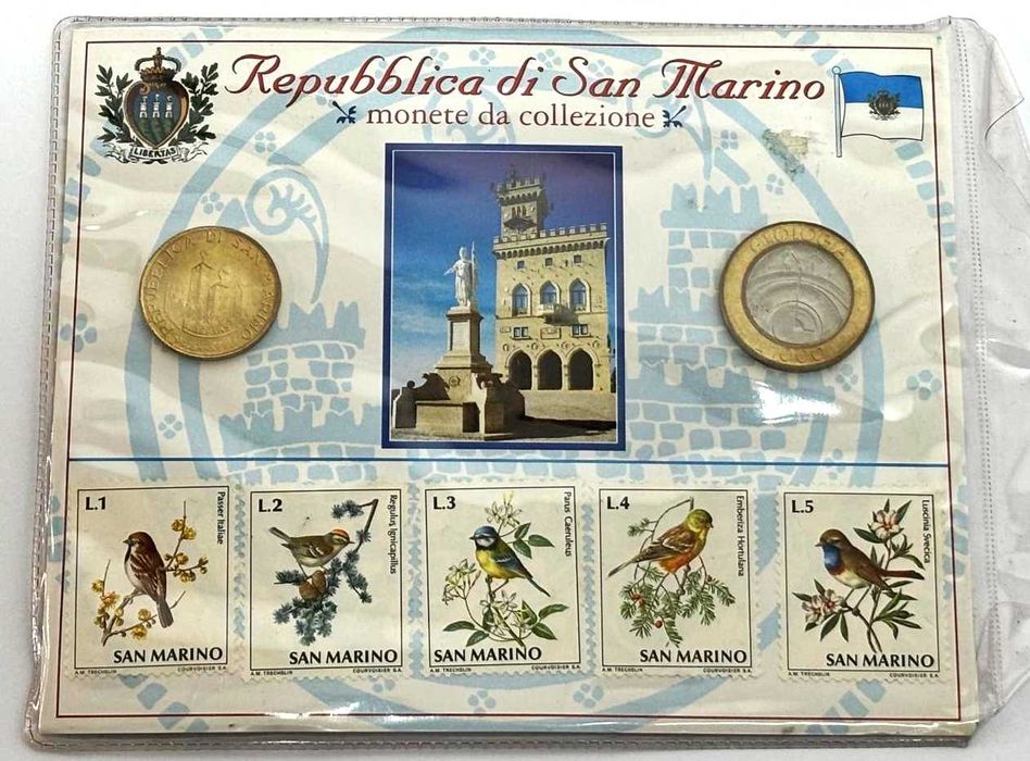 suvenir de colectie Republica San Marino - 2 monede si 5 timbre