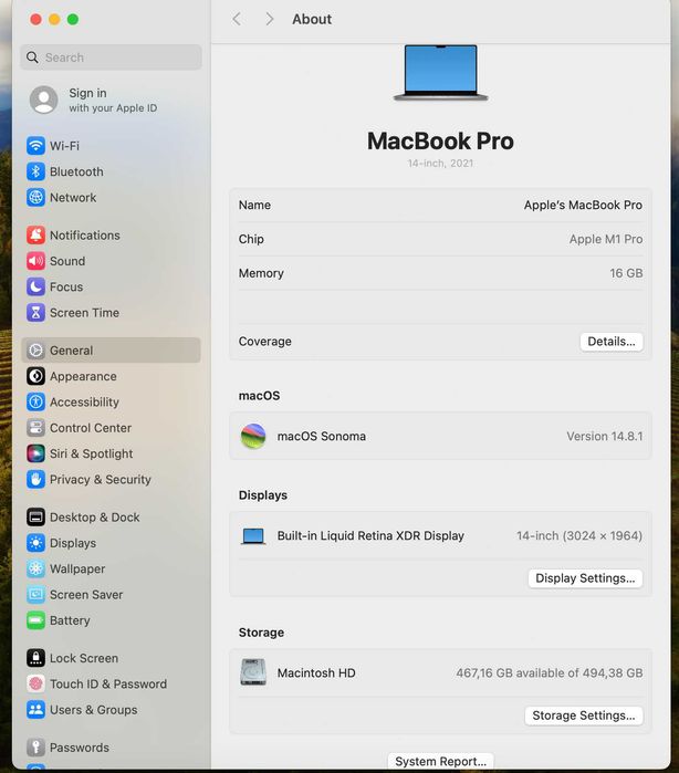 Macbook Pro 14" M1 Ssd 500gb Ram 16Gb Baterie 92%