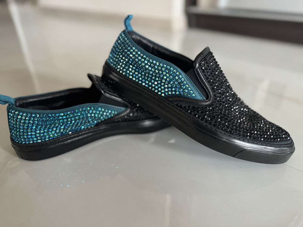 Gucci Crystal Satin Slip-On Sneaker,Black/Teal valentino burberry dior