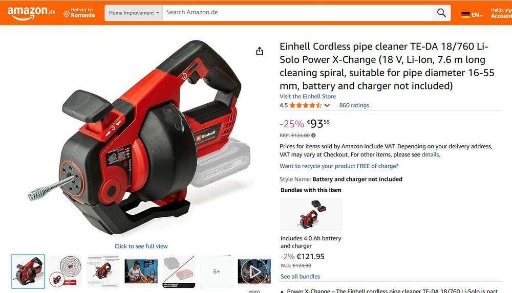 Curățător de țevi fără fir Einhell TE-DA 18/760 Li-Solo Power X-Change