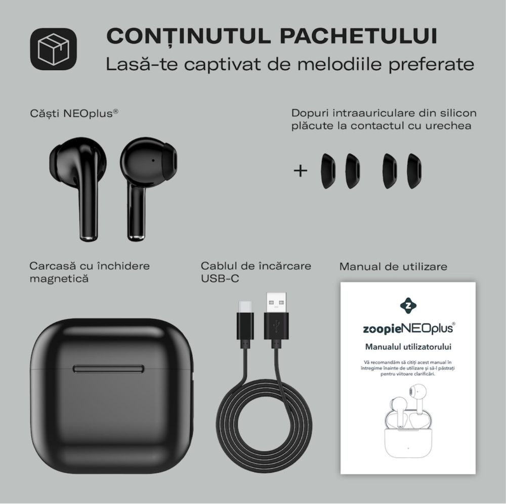 Casti wireless bluetooth, Zoopie® NEOplus, audio, in ear, fara fir