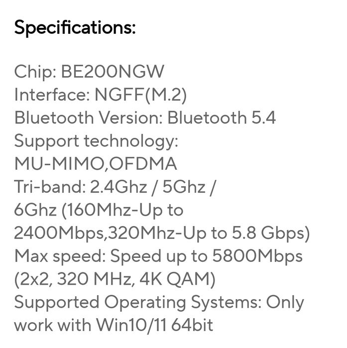 Intel BE200 NGW Wireless network card