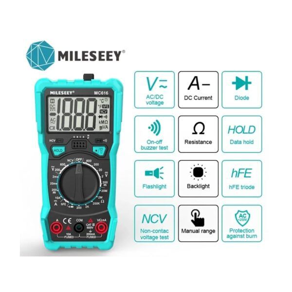 Цифров мултицет Mileseey MC616, NCV,  hFE triode, AC/DC 600V, фенерче