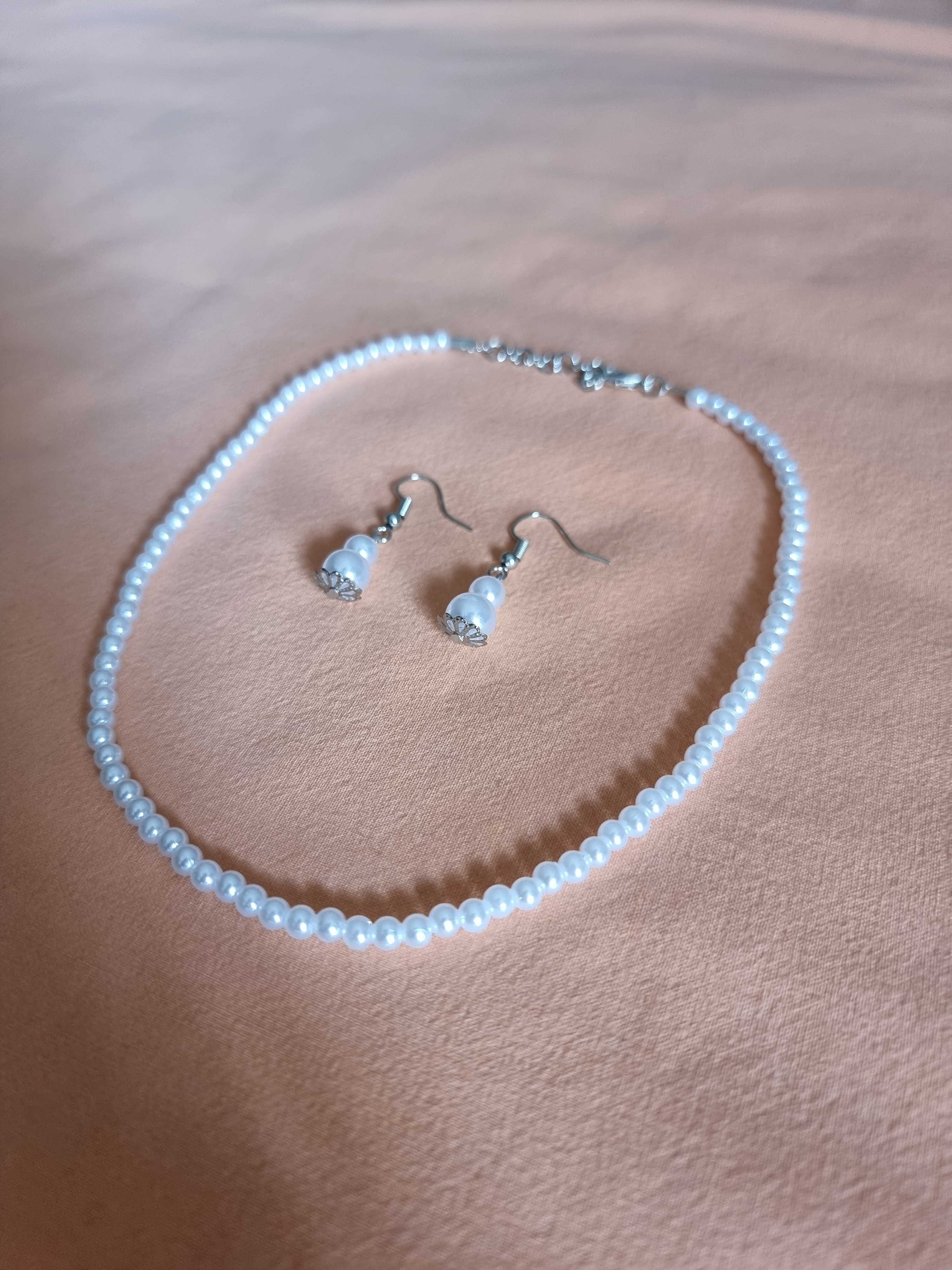 Нежни перлени бижута - Ръчна изработка - Колие и обеци от бели перли